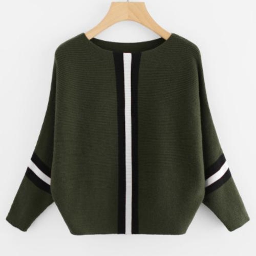 Contrast Striped Panel Batwing Sleeve Sweater